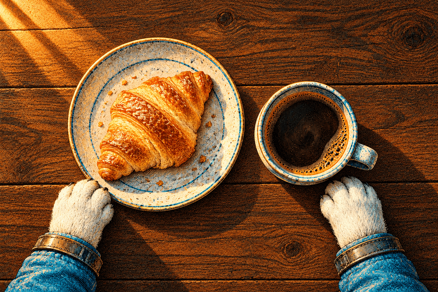 Illustrasjon av en croissant og en kopp kaffe på et trebord, med hundepoter ved bordkanten.